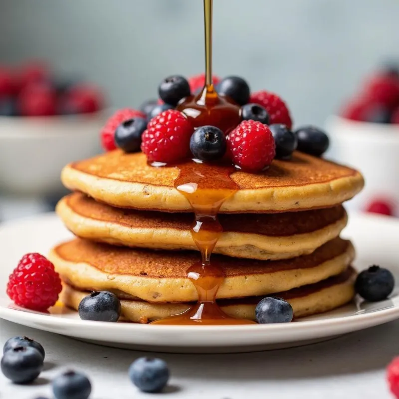 A stack of fluffy vegan protein pancakes topped with fresh berries and a drizzle of maple syrup