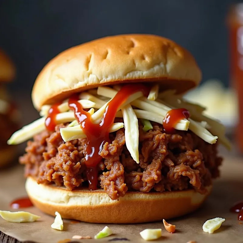 Close-up of a vegan pulled pork sandwich with coleslaw