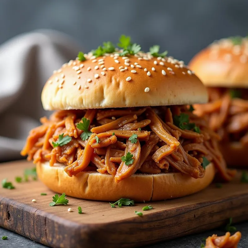 Vegan pulled &quot;pork&quot; sandwich served on a wooden board