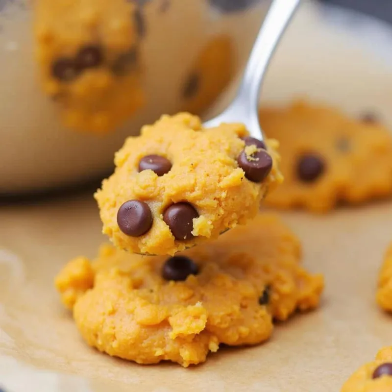 Vegan pumpkin chocolate chip cookie dough being scooped onto a baking sheet