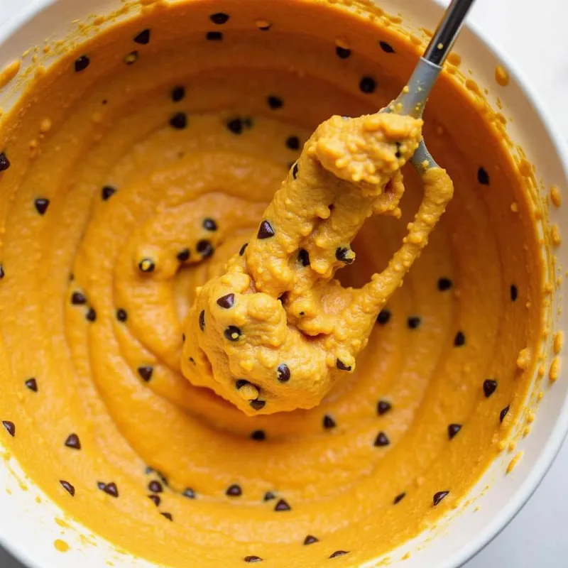 Mixing bowl filled with vegan pumpkin chocolate chip muffin batter.