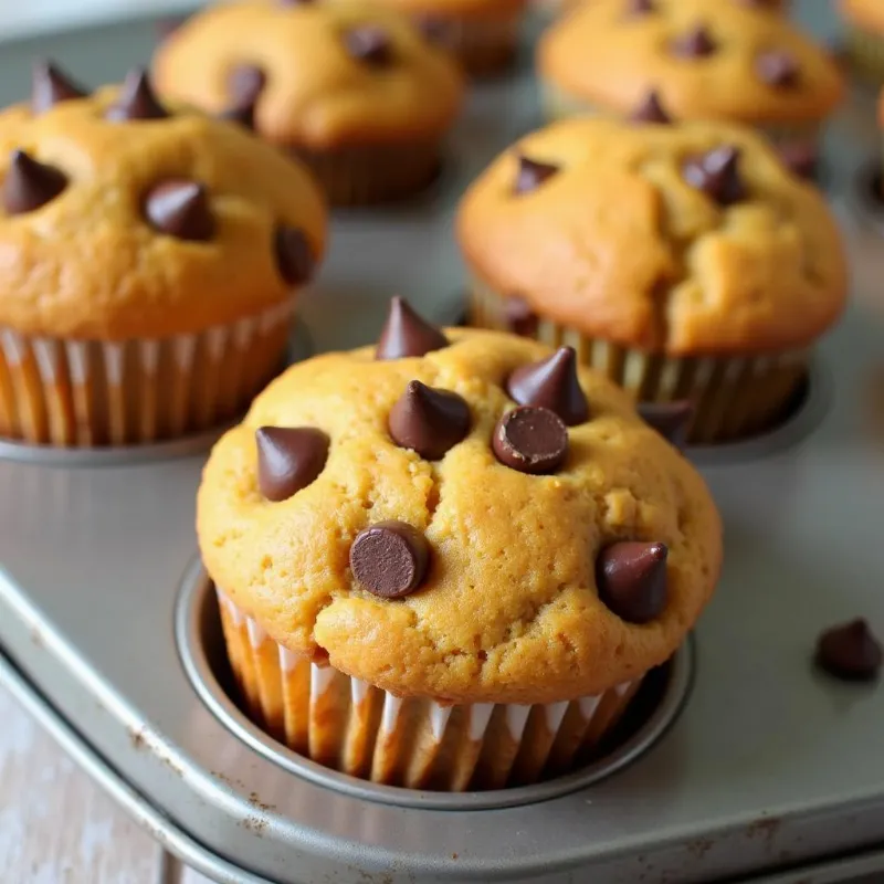 Vegan pumpkin chocolate chip muffins baking in the oven.