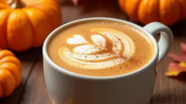 Vegan Pumpkin Spice Latte in a mug with fall decor.