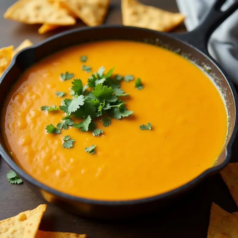 Spicy Vegan Queso Dip in a skillet with tortilla chips