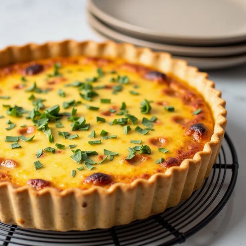 Freshly baked vegan quiche with Just Egg on a cooling rack