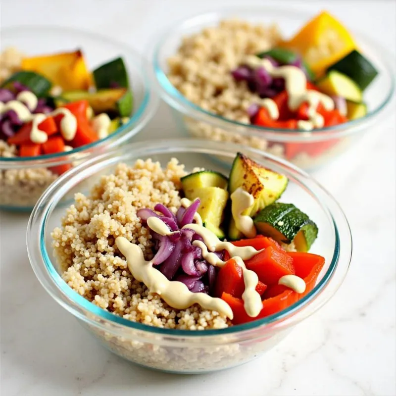 Vibrant vegan quinoa meal prep bowls topped with a lemon-tahini dressing