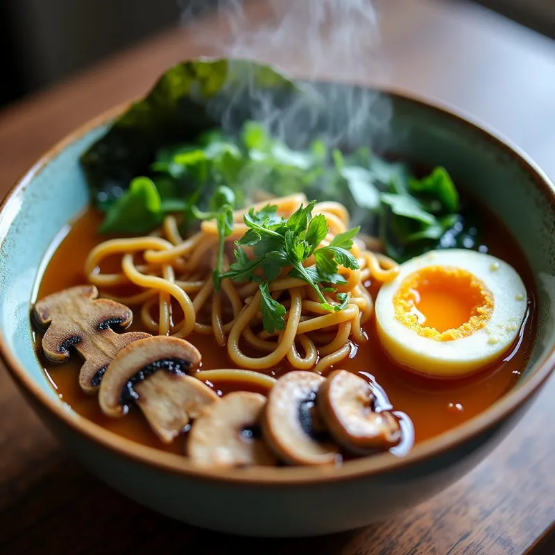 Steaming hot vegan ramen bowl