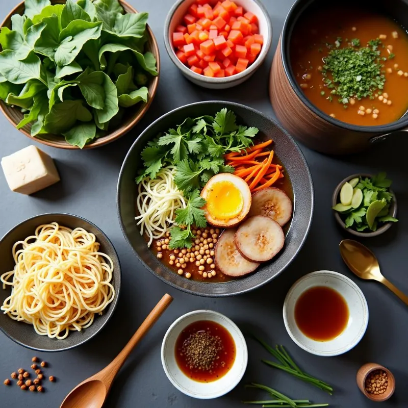 A table setting with ingredients for making Vegan Ramen