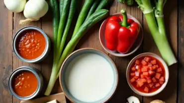 Vibrant vegan red curry ingredients arranged on a table