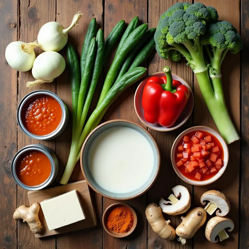 Vibrant vegan red curry ingredients arranged on a table