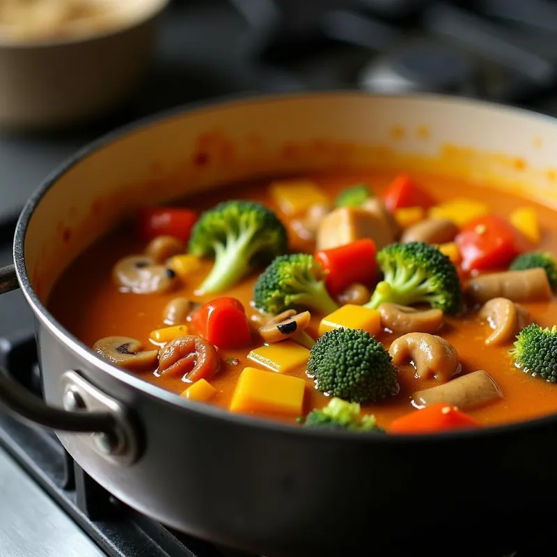 Vegan red curry simmering in a pot