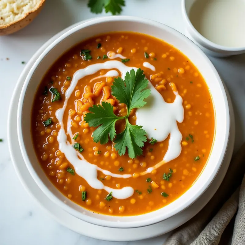 Vegan Red Lentil Soup Garnished 