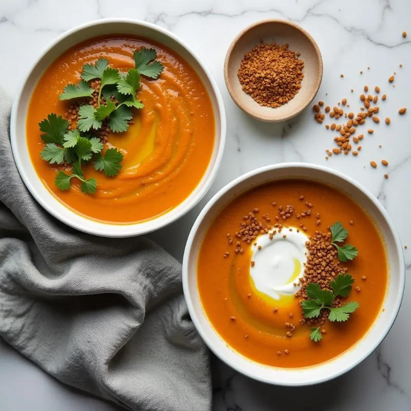 Bowls of vibrant red lentil soup garnished with fresh herbs and spices.