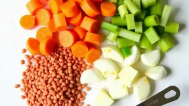 A colorful array of fresh vegetables and spices for making vegan red lentil soup.