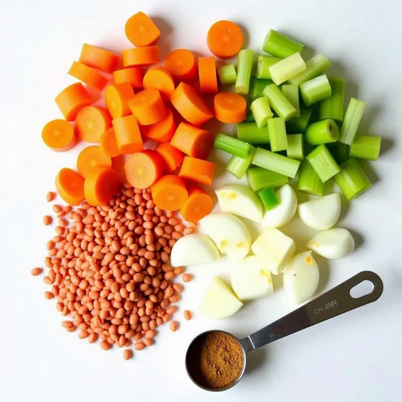 A colorful array of fresh vegetables and spices for making vegan red lentil soup.