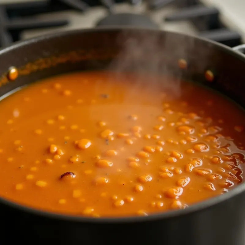 A pot of vegan red lentil soup simmering on the stovetop.