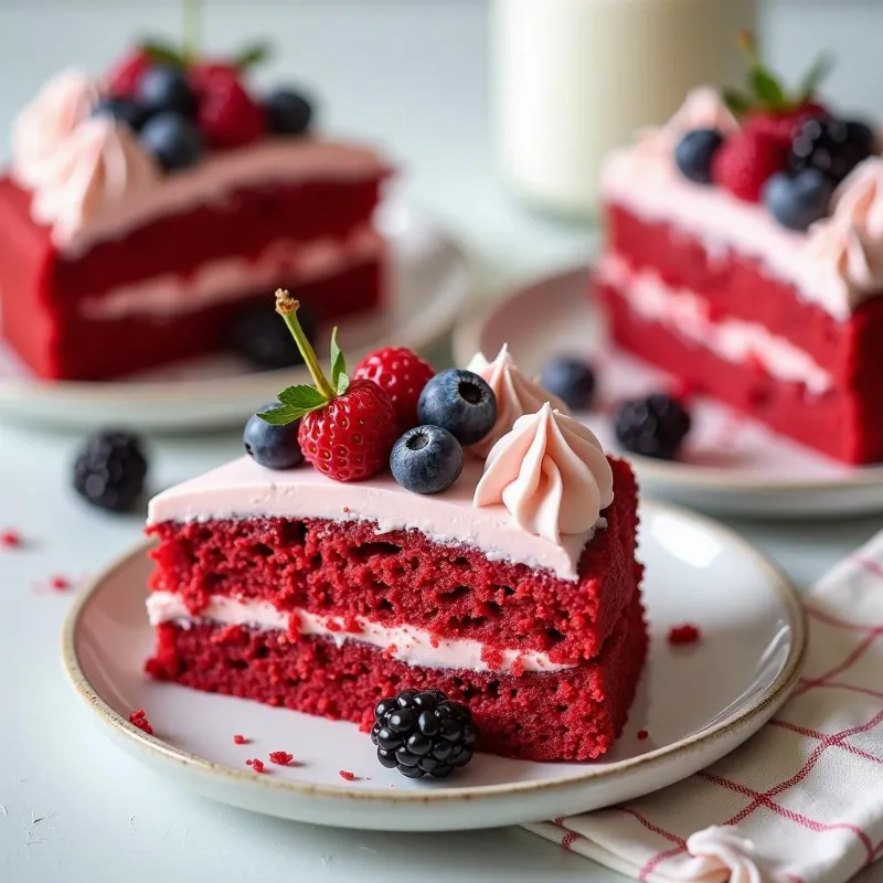 Slices of vegan red velvet cake