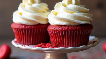 Vegan red velvet cupcakes frosted with vegan cream cheese frosting.