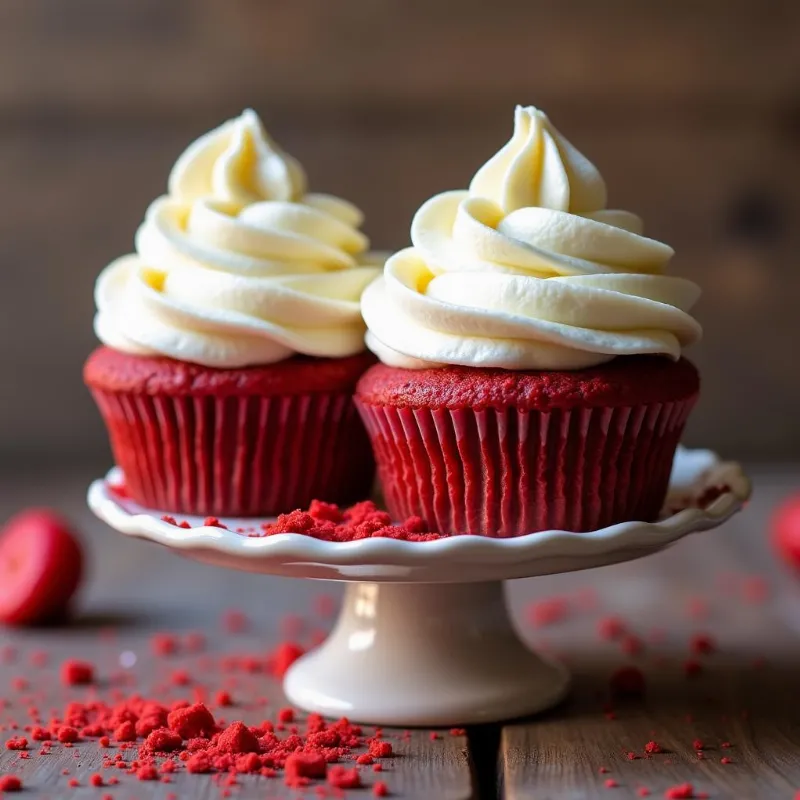 Vegan red velvet cupcakes frosted with vegan cream cheese frosting.