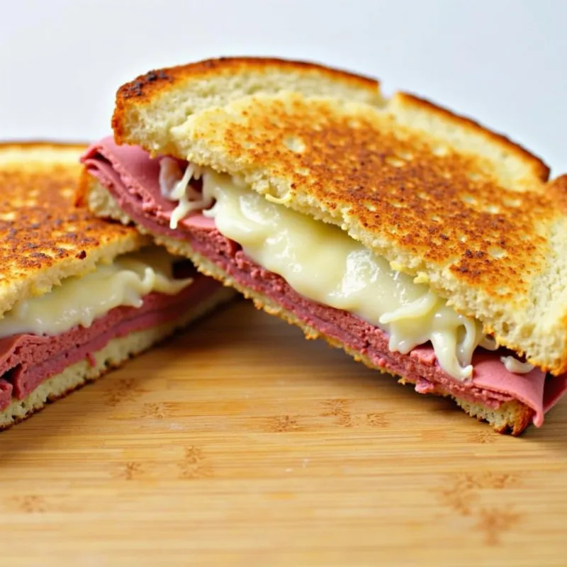 Two perfectly grilled vegan reuben sandwiches on a cutting board