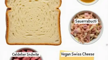 Vegan reuben sandwich ingredients laid out on a table