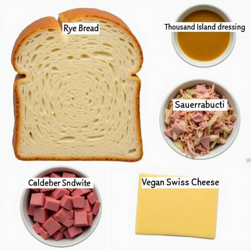 Vegan reuben sandwich ingredients laid out on a table