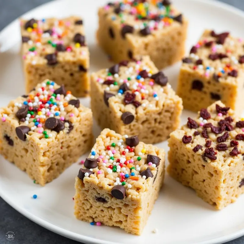 Variations of vegan rice crispy treats with different toppings like chocolate chips, sprinkles, and nuts.