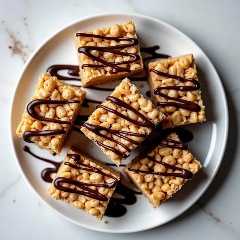 Delicious squares of vegan rice crispy treats topped with a generous drizzle of melted vegan chocolate