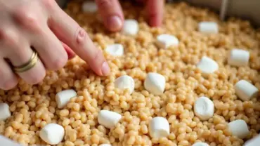 Vegan rice krispie treats being pressed into a pan