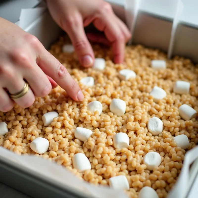 Vegan rice krispie treats being pressed into a pan