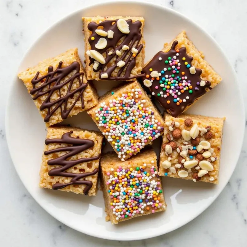 Decorated vegan rice krispie treats with various toppings.