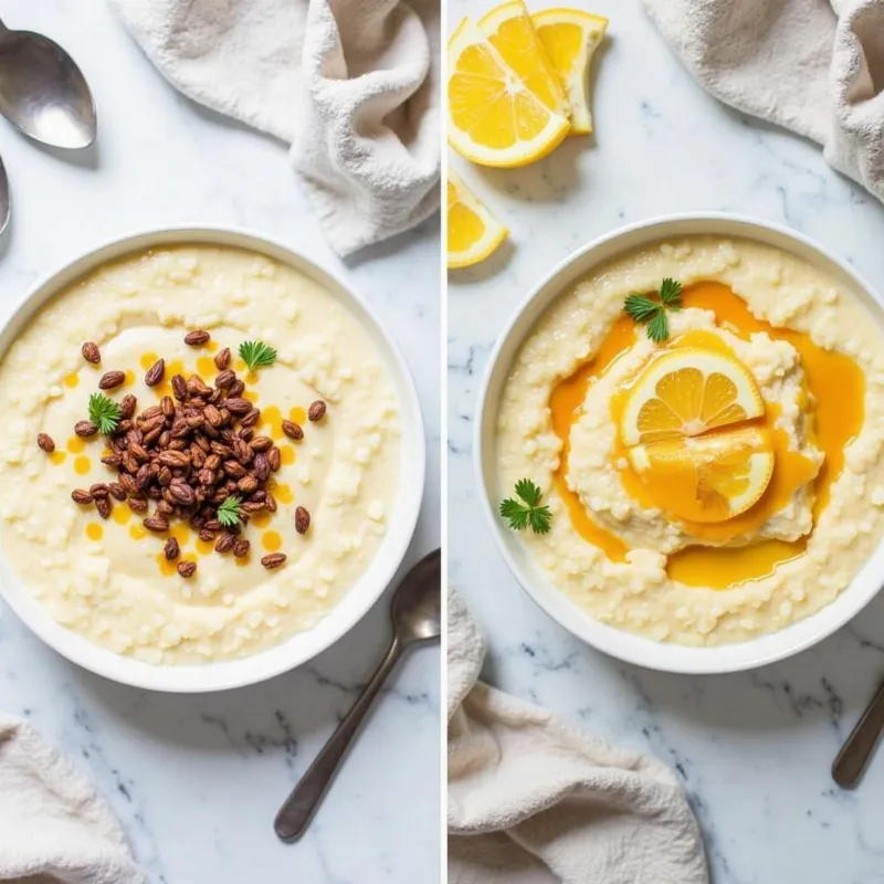 Two bowls of vegan rice pudding, one served warm and one served chilled