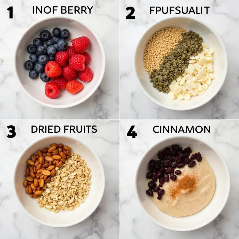  An assortment of colorful toppings for vegan rice pudding, arranged neatly in bowls