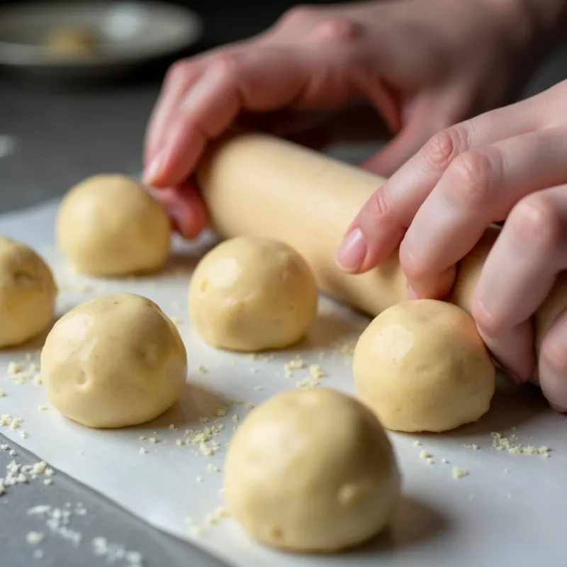  Close-up of vegan Russian tea cakes dough being rolled into balls