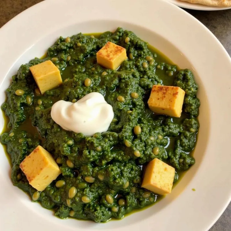 A plate of vegan saag paneer with tofu, garnished with vegan yogurt