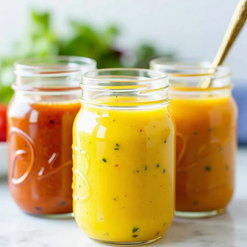 Three jars of colorful homemade vegan salad dressings