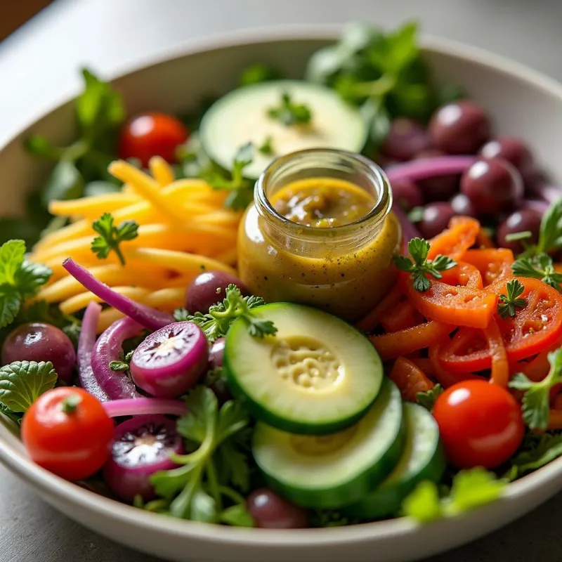 A delicious salad topped with a creamy vegan dressing.