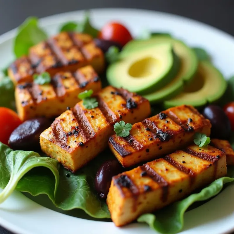 A vegan salad with grilled tofu, avocado and mixed greens