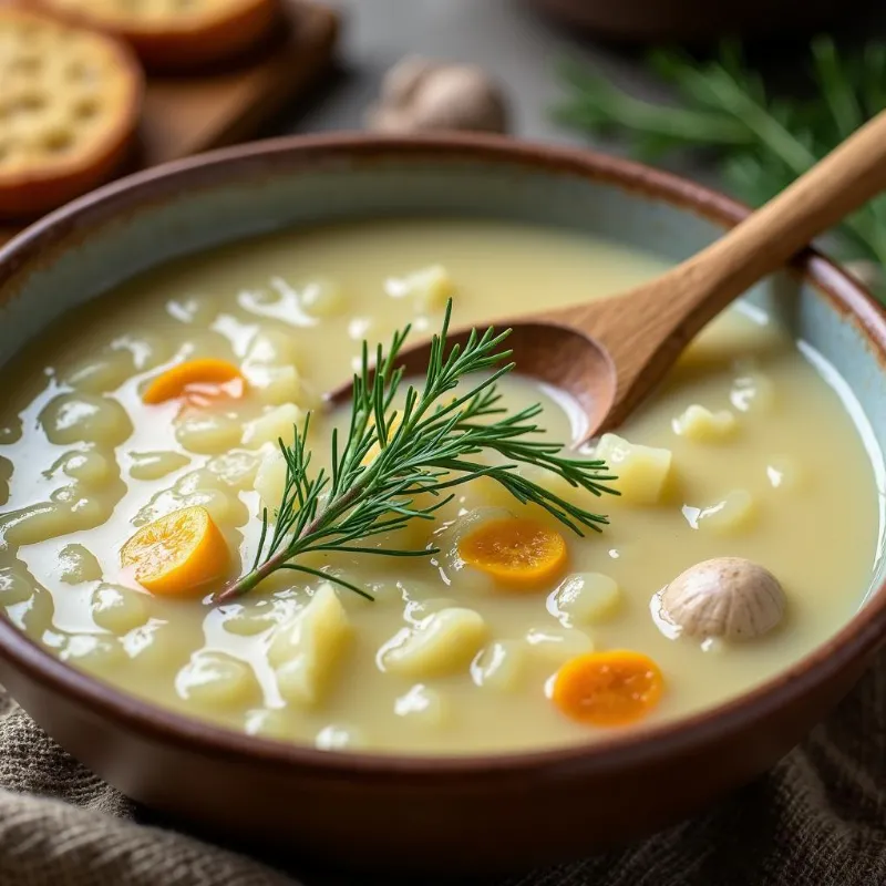 Steaming bowl of vegan sauerkraut soup with fresh dill