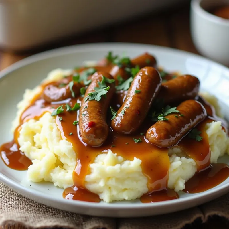 Vegan sausage and gravy served with mashed potatoes