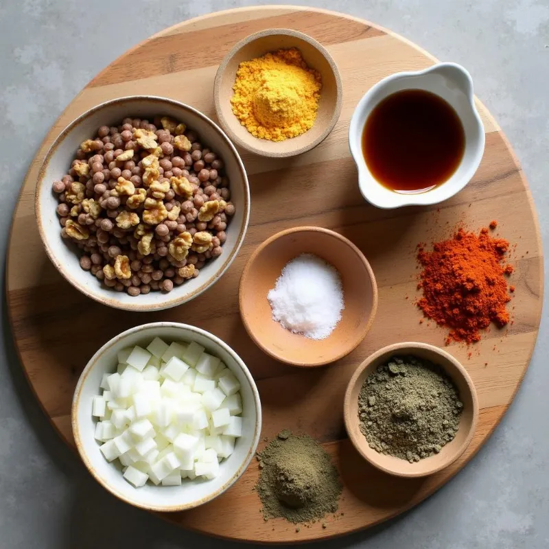 Vegan sausage ingredients arranged on a wooden board