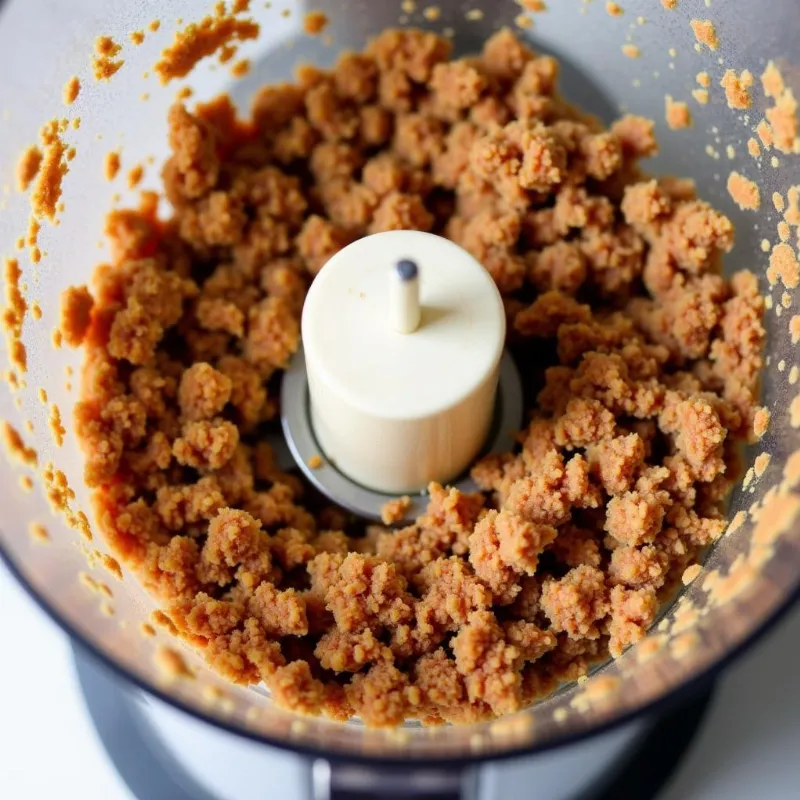 Close-up of vegan sausage mixture in a food processor