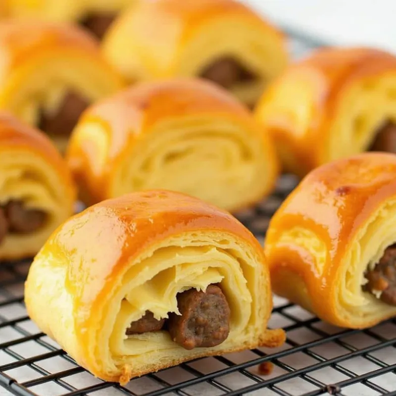 Vegan Sausage Rolls: Golden brown puff pastry filled with savory vegan sausage.