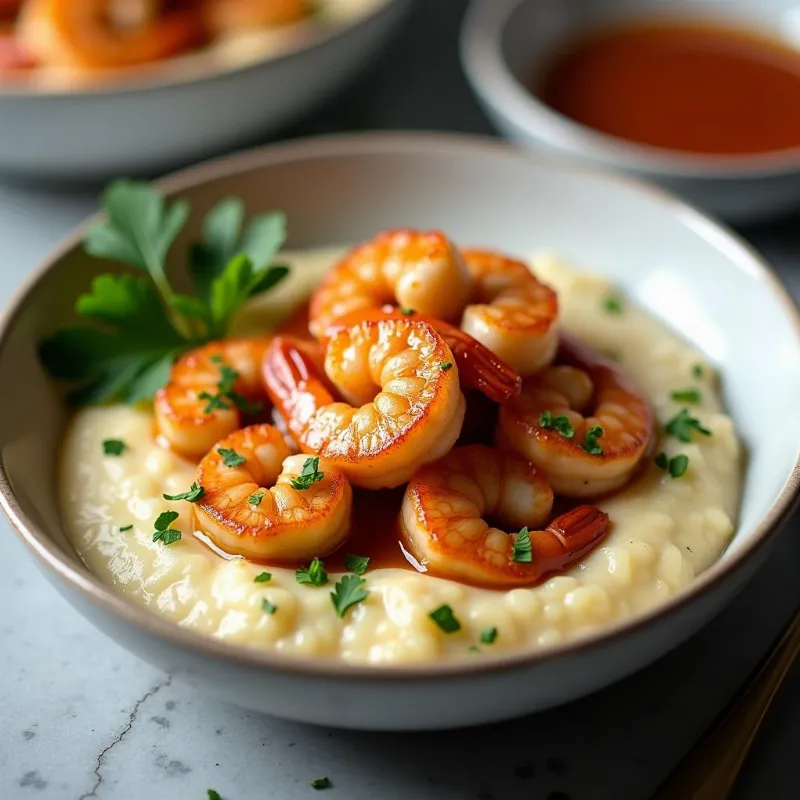 A bowl of creamy vegan shrimp and grits, garnished with fresh parsley