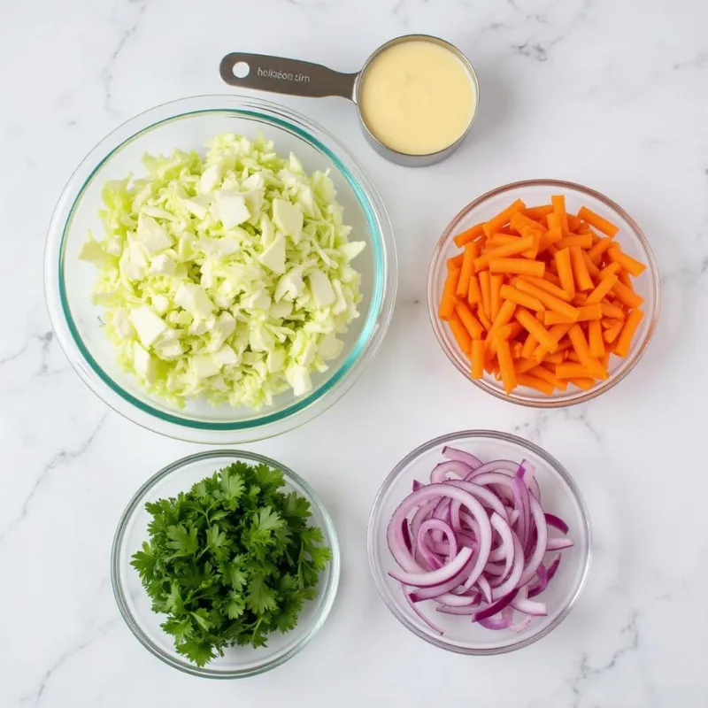  Ingredients for vegan slaw arranged on a countertop 