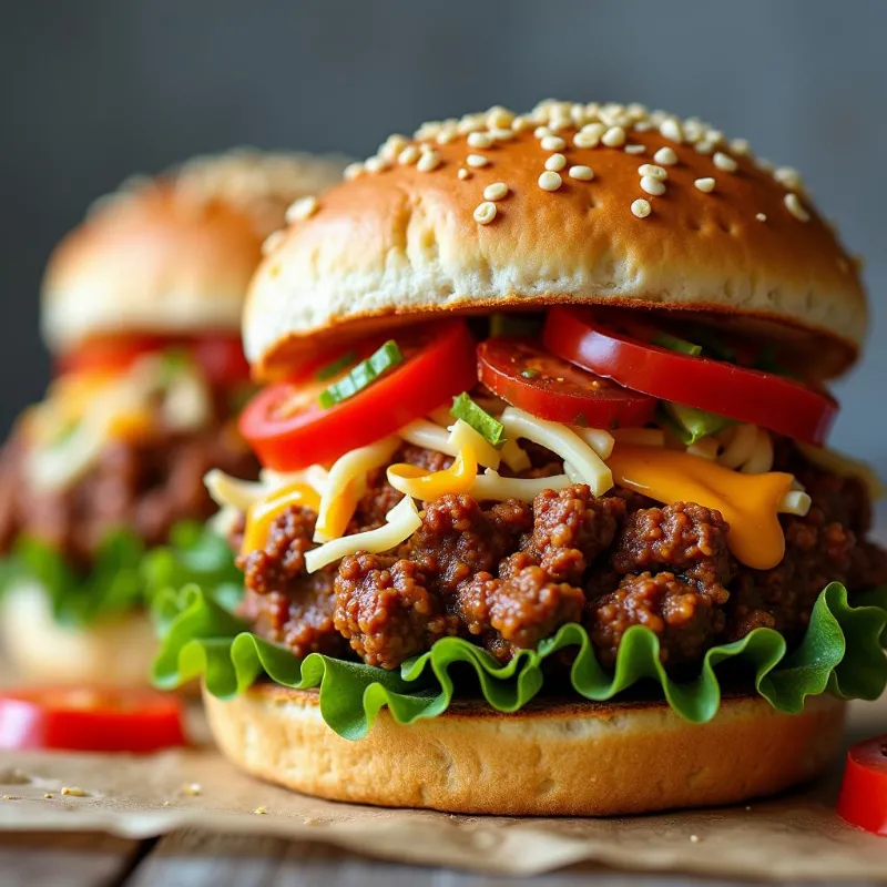 Two delicious vegan sloppy joes on buns with fresh toppings