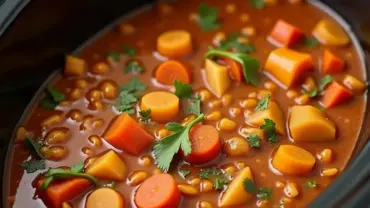 Vegan lentil stew in a slow cooker