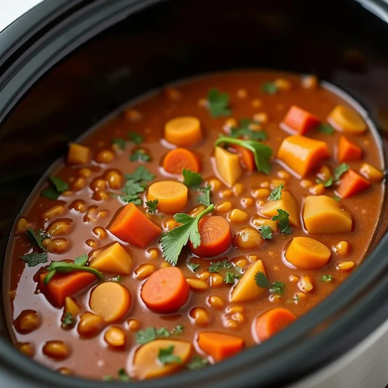 Vegan lentil stew in a slow cooker