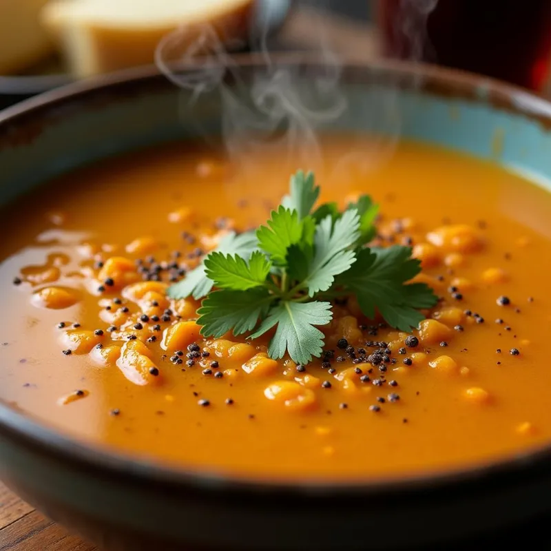 A bowl of steaming vegan soup with a garnish of fresh herbs.