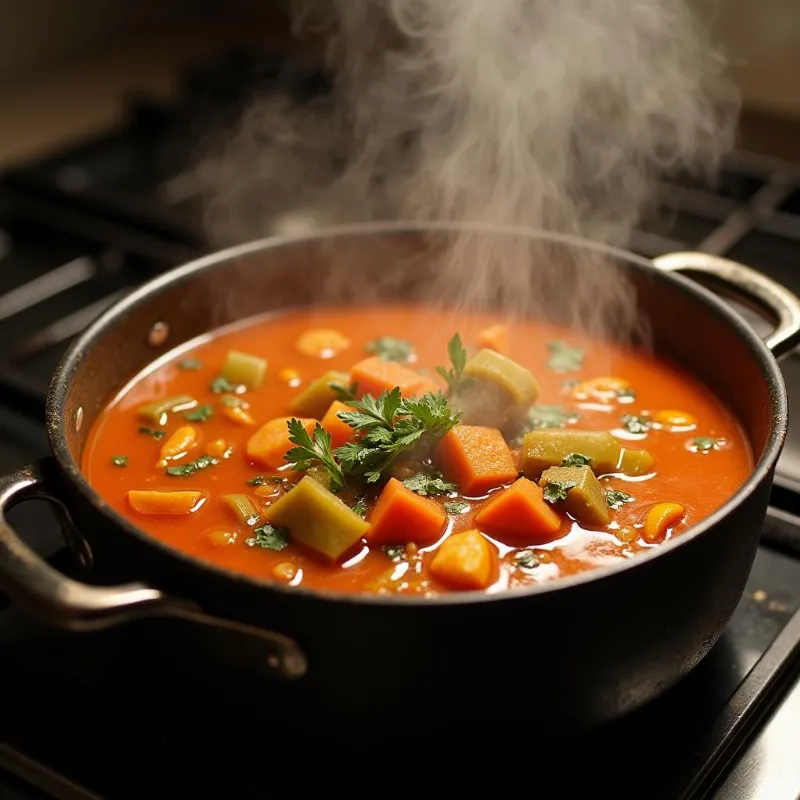 Vegan soup simmering in a pot on a stovetop